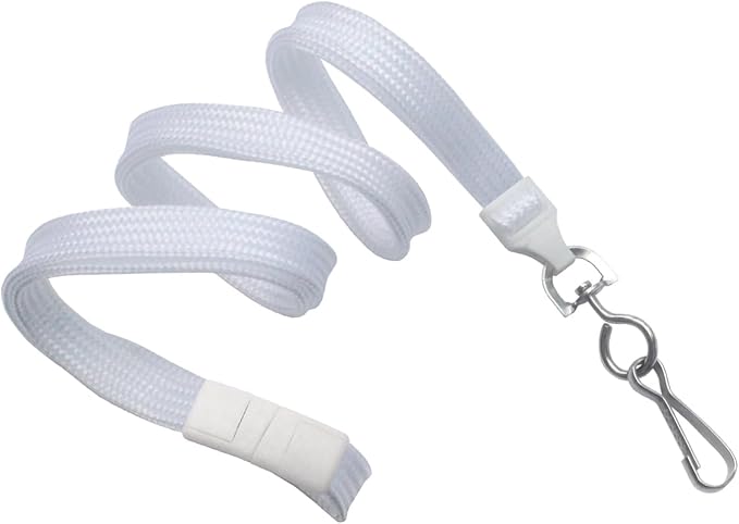 Specialist ID Bulk 100 Pack - Premium Flat Breakaway Lanyards for ID Badges & Badge Holders - 3/8" Wide Woven Safety Lanyard with Metal Swivel Hook for Teachers, Students, Cruise, Office (White)