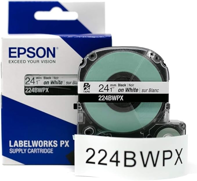 Epson LABELWORKS 224BWPX-5PK Genuine PET (Polyester) Tape Cartridge - 5 Unit Pack of Black on White Industrial Label Maker Tape - 1" (24MM) Wide, 30 ft - 5 Pack