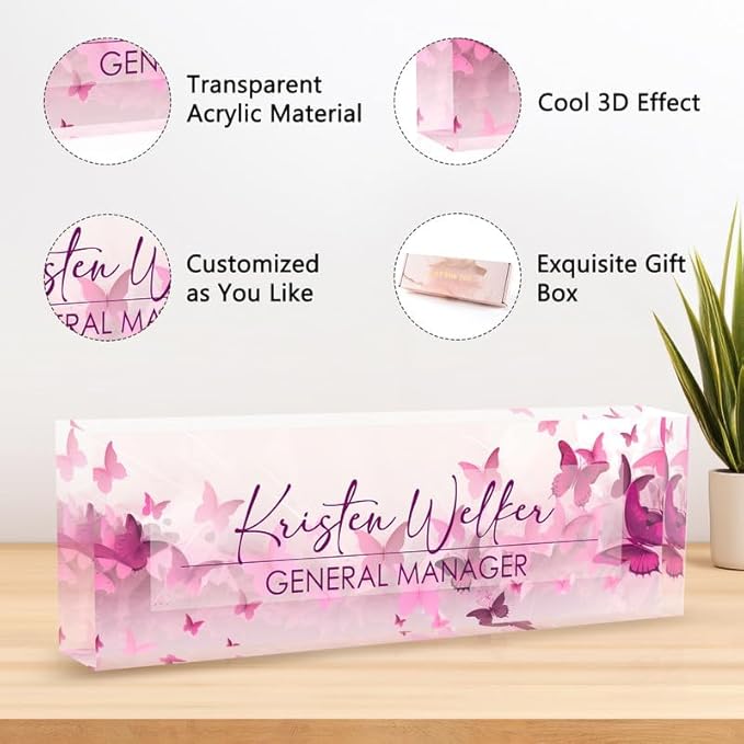Desk Name Plate Personalized Name Plate for Desk, Office Desk Decor, 3D Style Personalized Plaque Name Plates for Desks Custom Appreciation Gifts for Boss Lady Employee Coworkers (Pastel Butterfly)