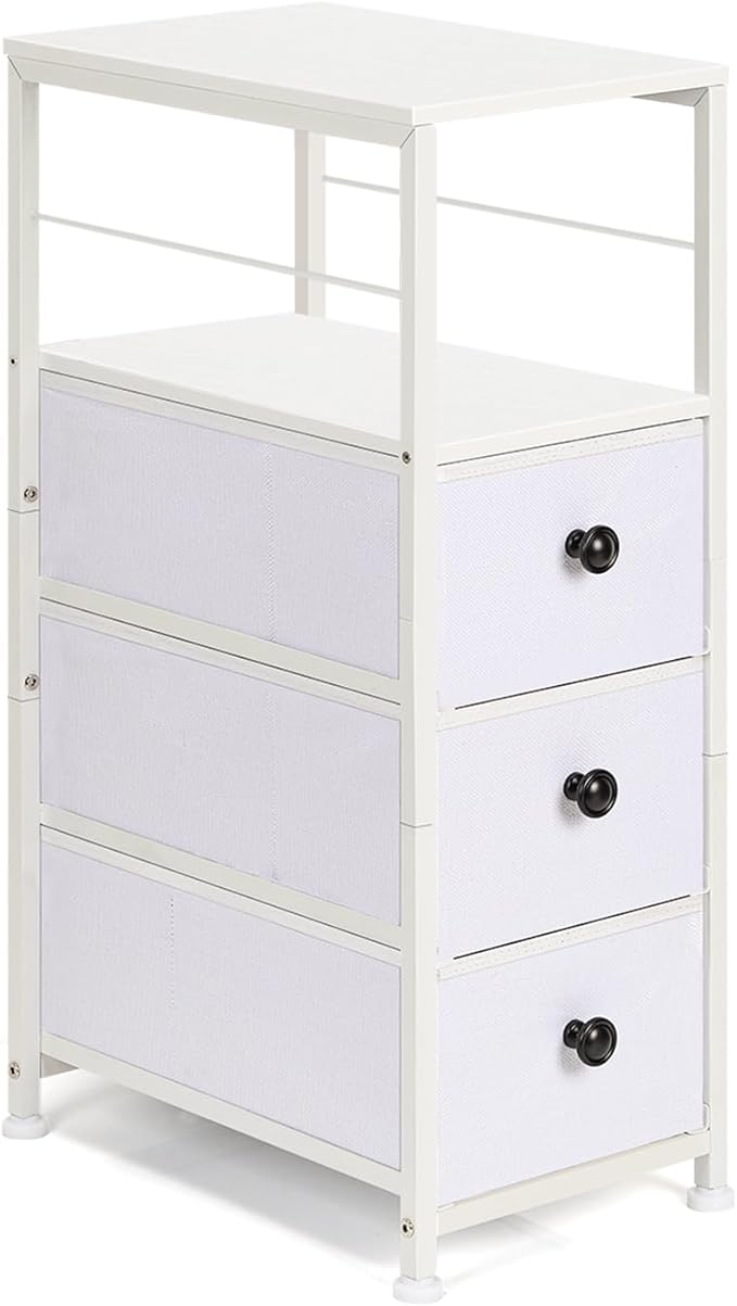 MOOACE Narrow Dresser for Bathroom, Slim Dresser Storage Cabinet, Chest of 3 Fabric Drawers with Wood Shelf, Bedroom Organizer Tower for Small Space, Closet, Laundry, White