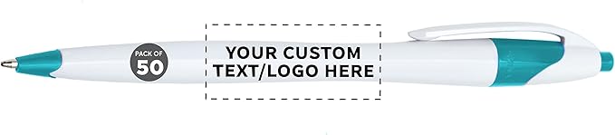 DISCOUNT PROMOS Custom Slim Curvy Ballpoint Pens Set of 50, Personalized Bulk Pack - Black Ink, Retractable, Great for Office, School, Tradeshows - Teal