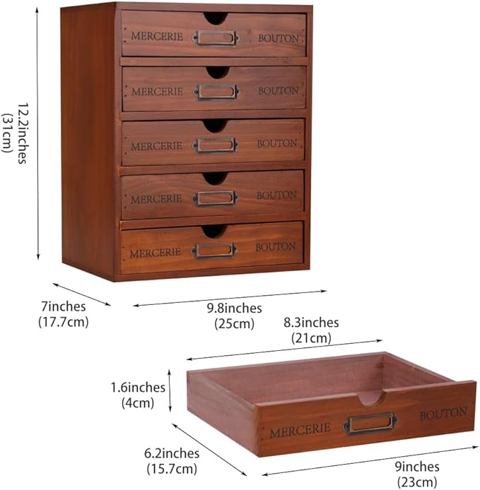 Wooden Storage Box with 5 Drawers Apothecary Drawers Vintage Wooden Drawers Wood Desktop Organizer with Drawers Countertop Drawers Library Card Catalog Cabinet Apothecary Cabinet （BROWN）