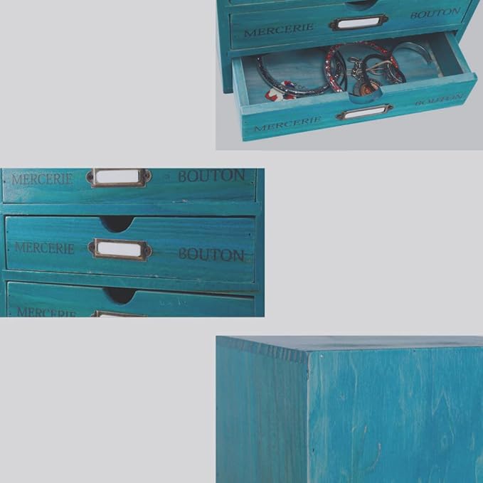 Wooden Storage Box with 4 Drawers Vintage Office Supplies and Accessories Letter Tray Wood Desktop School Supply Organizer Library Card Catalog Cabinet with Lables Rustic Jewelry Box (BLUE)