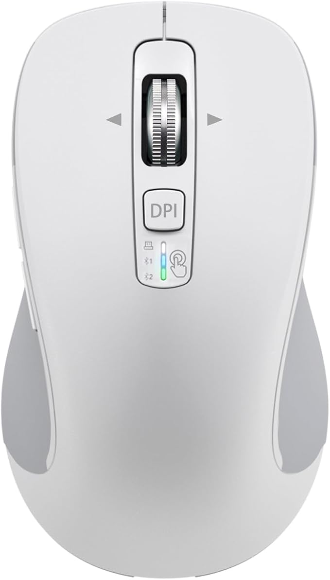 Wireless Bluetooth Mouse (USB + BT1 + BT2), Full Size, 4-Way Scrolling, Multi-Device Silent Mouse for Computer, Laptop, iPad, MacBook (White)