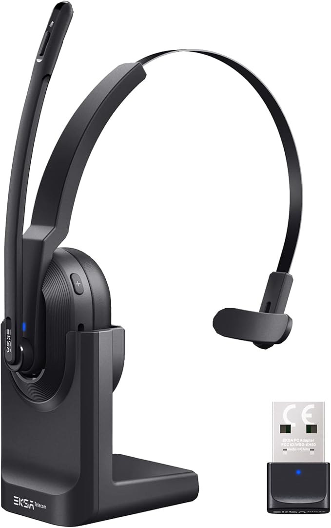 EKSA Wireless Headset with AI Noise Cancelling, 45 Hours Playtime, Trucker Headset with USB Dongle & Charging Base for Work PC Home Office Trucker Call Center