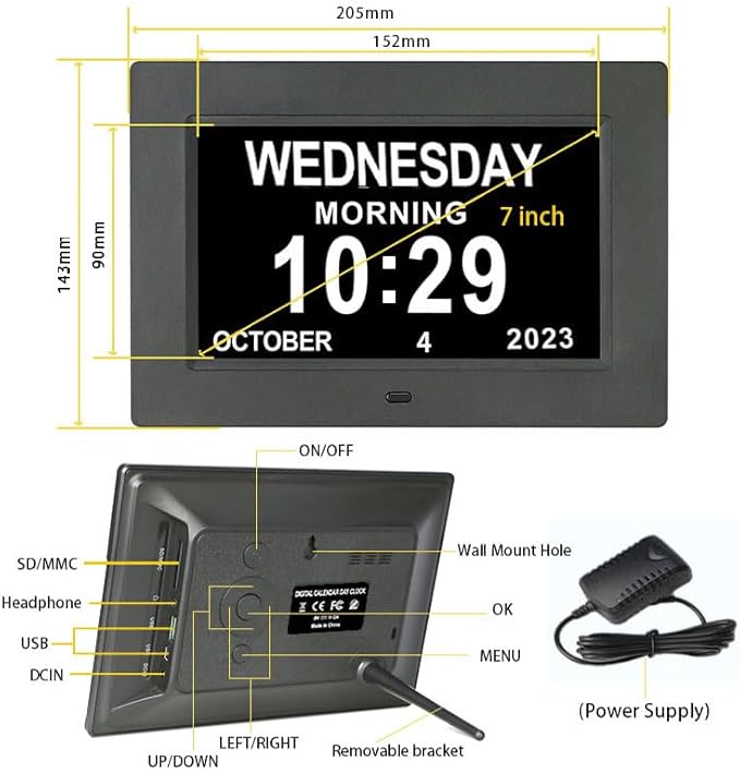 Dementia Clock for Seniors Digital Clock Large Display with Day & Date-12Alarms 3 Colors Display for Elderly with Memory Loss, Alzheimer's, Vision Impaired (7'' Black)