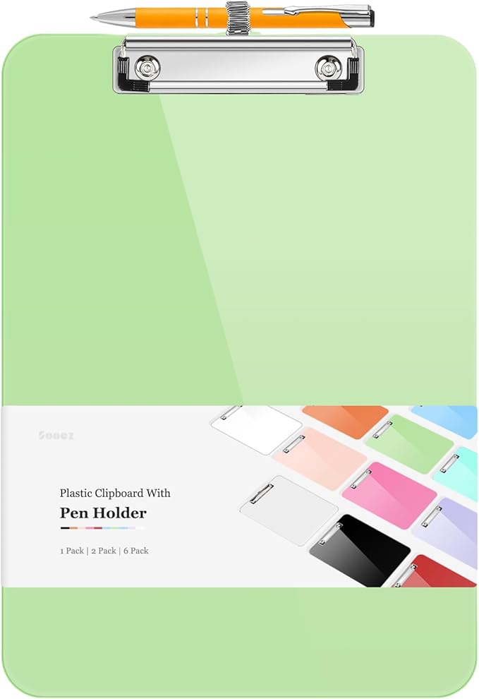 Sooez Plastic Clipboard with Pen Holder, [10% Thicker] Clip Boards 8.5x11 with Low Profile Clip, Cute Hanging Clipboard, Standard Letter Size A4 for Women Teacher, Office & School Supplies