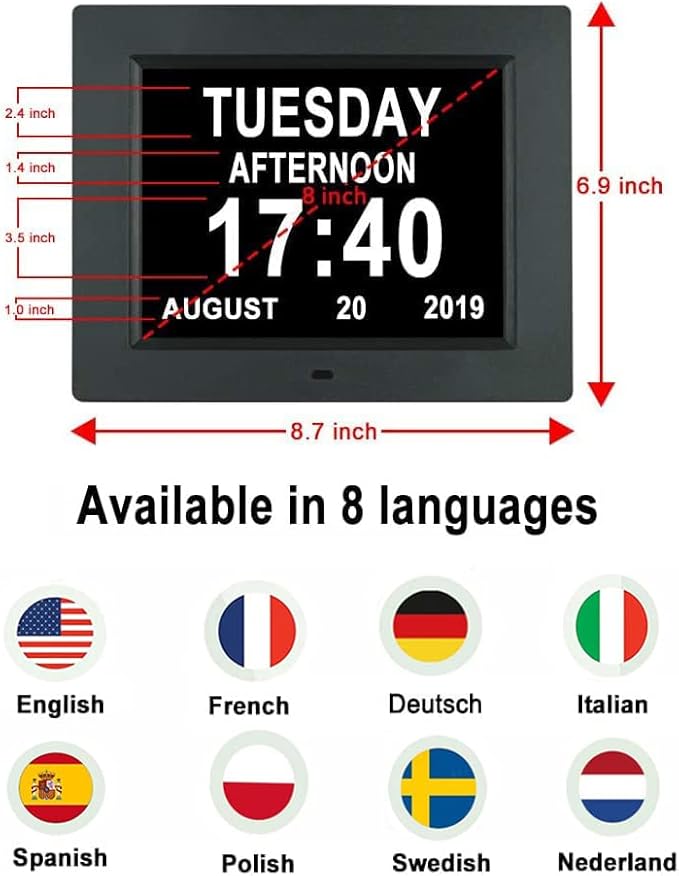 Aowasi Digital Clock Large Display with Date and Day of Week, 8 Alarm Options, Extra Large Digital Clock with Non-Abbreviated Day & Month Alarm Clocks for Seniors Dementia(Black)