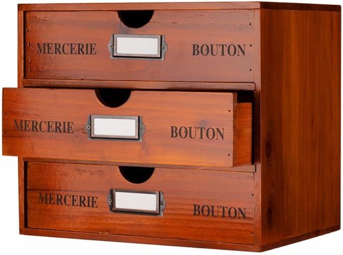 Wooden Storage Box Rustic Desktop Organizer with 3 Drawers Office Desk Accessories Shelf Large Craft Storage Containers Apothecary Cabinet and Chest Jewelry Holder for women(BROWN)