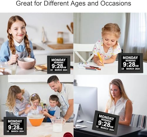 Digital Day Calendar Clock 5 Alarm Clock & 3 Medicine Reminders Extra Large 8 Inch Non-Abbreviated Day Date Month Dementia Senior Clocks for Eldarly Memory Loss Vision Impaired Clock