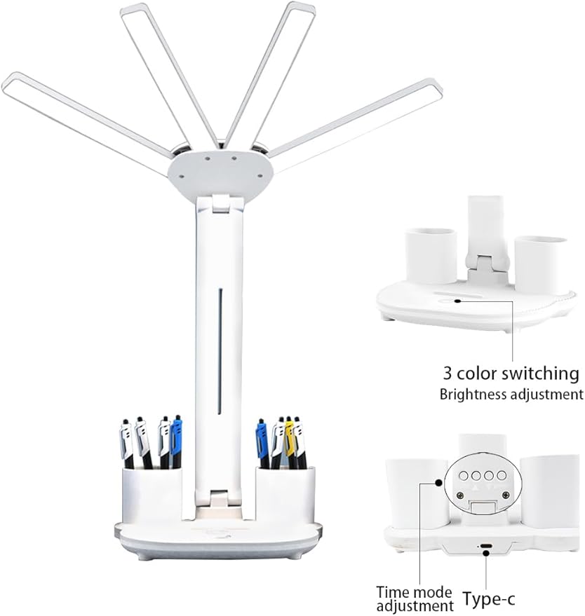 Led Desk Lamp Foldable Study Light Adjustable Table Lamp with Pen Holder, 3 Brightness Levels, USB Charging Port