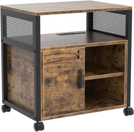 Lateral File Cabinet, Locking Office Filing Cabinets with Socket and USB Charging Port,printer cart with storage，Modern Rolling Printer Stand with Storage for Printer Scanner Fax，Brown