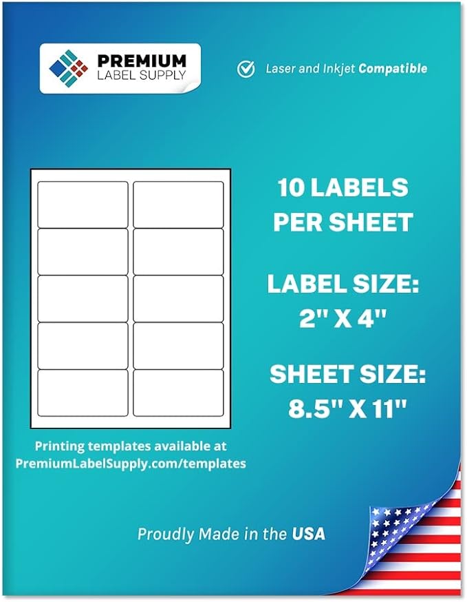 Premium Label Supply White Sticker Address Labels – 2" x 4" – Laser/Inkjet Compatible – (10 per Sheet), 100 Sheets – 1,000 Total Adhesive Labels