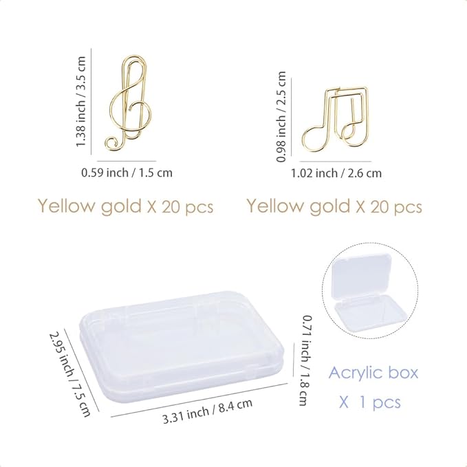 OWLFAVO Clef and Note Shape 40pcs Paper Clips with Clear Box, Yellow Gold, Funny Cute Paperclips Bookmarks Planner Clips for Fun Office Supplies School Gifts Wedding Decoration