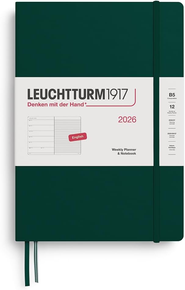 LEUCHTTURM1917 - Weekly Planner & Notebook 2026, Hardcover, Composition (B5), Ruled, Forest Green (Jan 1 - Dec 31, 2026)
