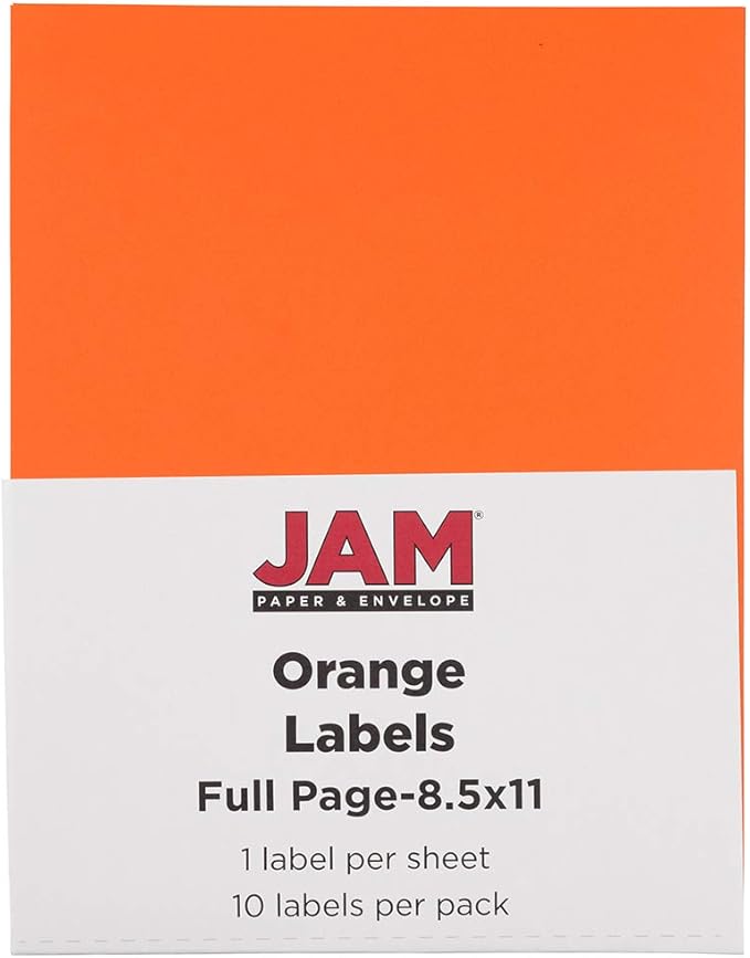 JAM PAPER Full Sheet Shipping Labels - Printable Sticker Paper - 8 1/2 x 11 - Orange - 10 Full Pages/Pack