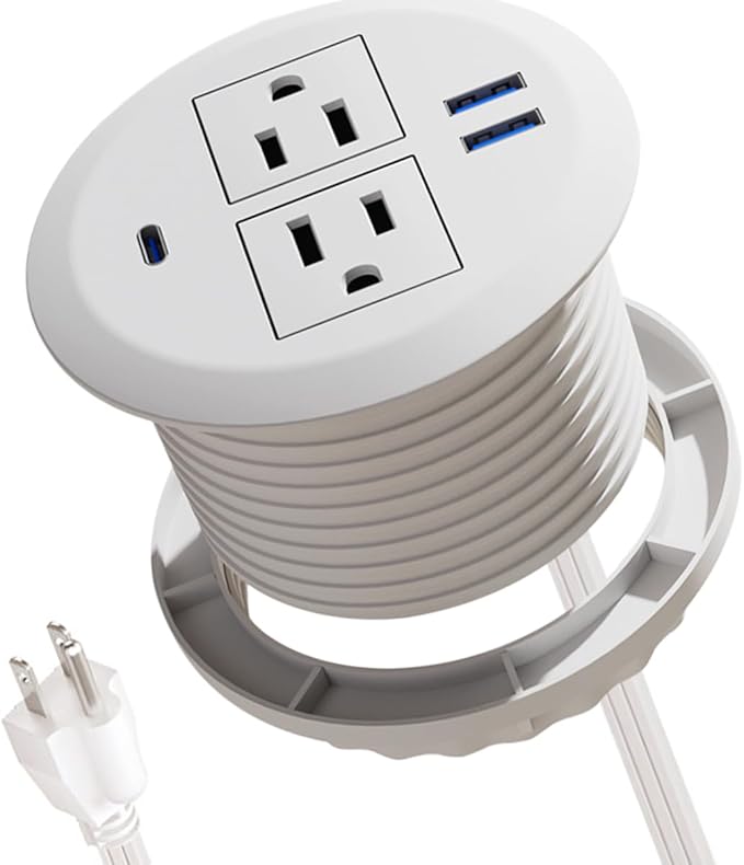 Desktop Power Grommet 3 Inch,20W Fast Charging USB C.Recessed Outlet Desktop Power Center for Workspace,Sofa,Shelf,Fits 3-1/8" Round Desk Grommet Holes,6.56FT Power Cord,White