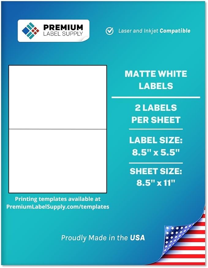 Premium Label Supply White Sticker Half Sheet Labels – 8.5" x 5.5" – Laser/Inkjet Compatible – (2 per Sheet), 100 Sheets - 200 Total Adhesive Labels