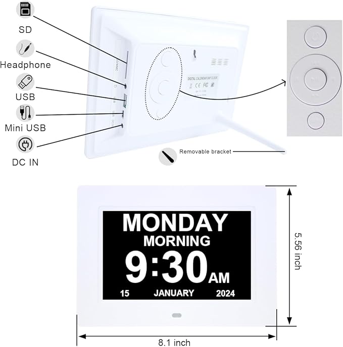 7 Inch Extra Large Day Date Time Digital Day Calendar Clocks with Auto-Dimming 12 Alarm Reminders Dementia Clock for Senior Elderly impaired Vision Memory Loss