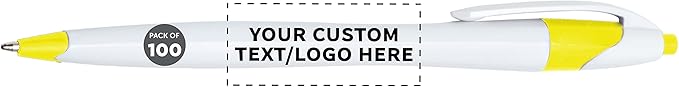 DISCOUNT PROMOS Custom Slim Curvy Ballpoint Pens Set of 100, Personalized Bulk Pack - Black Ink, Retractable, Great for Office, School, Tradeshows - Yellow