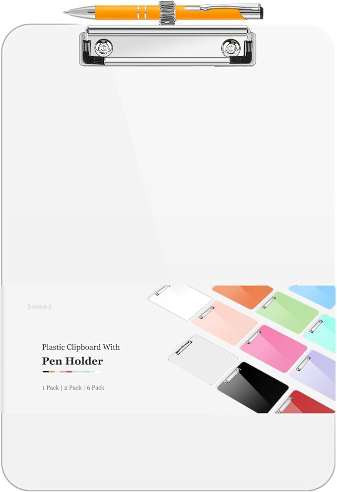 Sooez Plastic Clipboard with Pen Holder, [10% Thicker] Clip Boards 8.5x11 with Low Profile Clip, Cute Hanging Clipboard, Standard Letter Size A4 for Women Teacher, Office & School Supplies