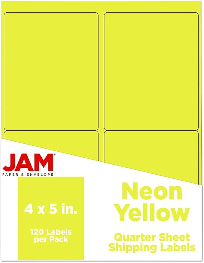 JAM PAPER Shipping Address Labels - 4 x 5 - Quarter Page/Extra Large - Neon Yellow - 120/Pack