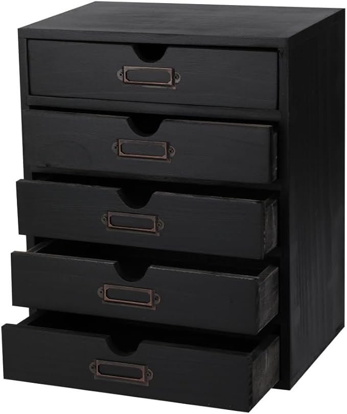 Wooden Storage Box with 5 Drawers Apothecary Drawers Vintage Wooden Drawers Wood Desktop Organizer with Drawers Countertop Drawers Library Card Catalog Cabinet Apothecary Cabinet （BLACK）