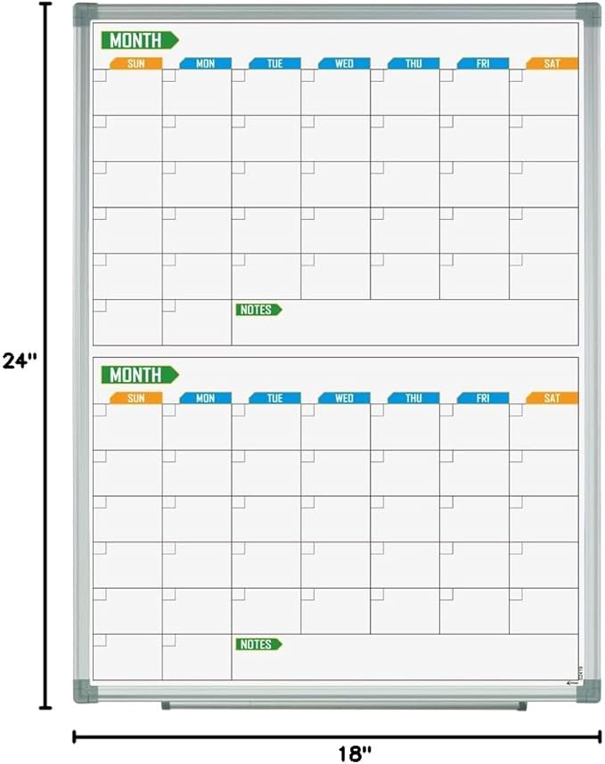 Lockways 2 Monthly Dry-Erase Calendar Whiteboard, 24" x 18", Wall-Mounted Aluminum-Framed Calendar Board
