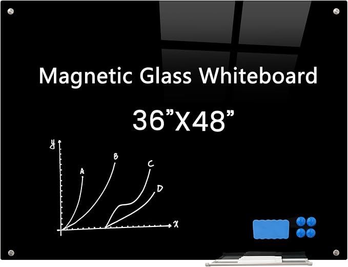 Magnetic Glass Black Board 48"x36" Glass Dry Erase Blackboard Tempered Glass Whiteboard Wall Mounted for Office School Home (Black)