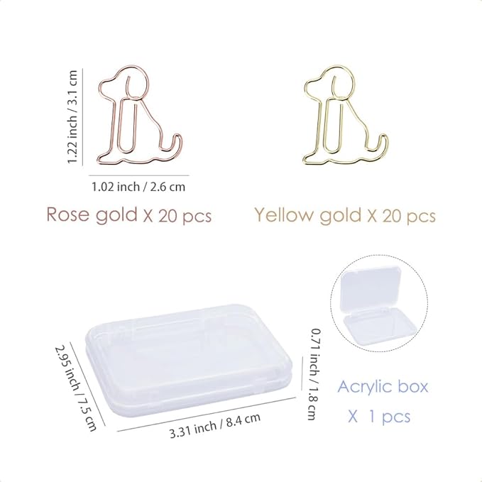 OWLFAVO 40pcs Puppy Dog Shape Paper Clips with Clear Box, Rose Gold and Yellow Gold, Funny Cute Paperclips Bookmarks Planner Clips for Fun Office Supplies School Gifts Wedding Decoration
