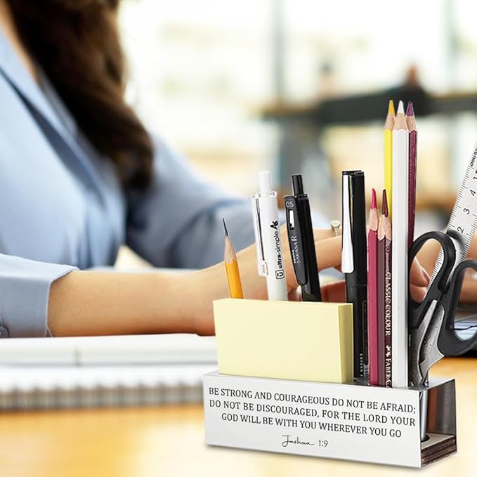 Inspirational Bible Verse Pen Holder, Christian Desk Organizer with Joshua 1:9, Religious Gifts for Coworkers, Friends, Faith Based Office Decor, Christian Pencil Holder for Men & Women YCP67