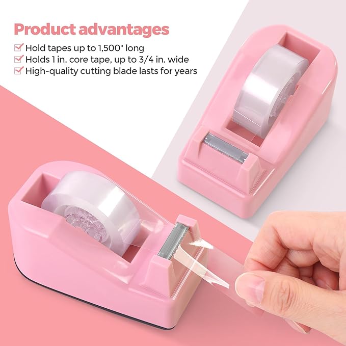 SKYDUE Pink Desk Accessories 10Pcs, Rotating Pen Holder for Desk, Stapler, Staple Remover, Tape Dispenser,2pcs Tape Refills, Binder Paper Clips Kit, Scissor,Pink Office School Supplies