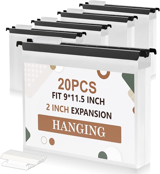 20 Pcs Extra Capacity Plastic Hanging File Folder Letter Size File Folder Reinforced Tabs with Heavy Duty 2 Inch Expansion and Black Insert Gasket for Filing Cabinet Durable Hang Folders (2 INCH, 20)