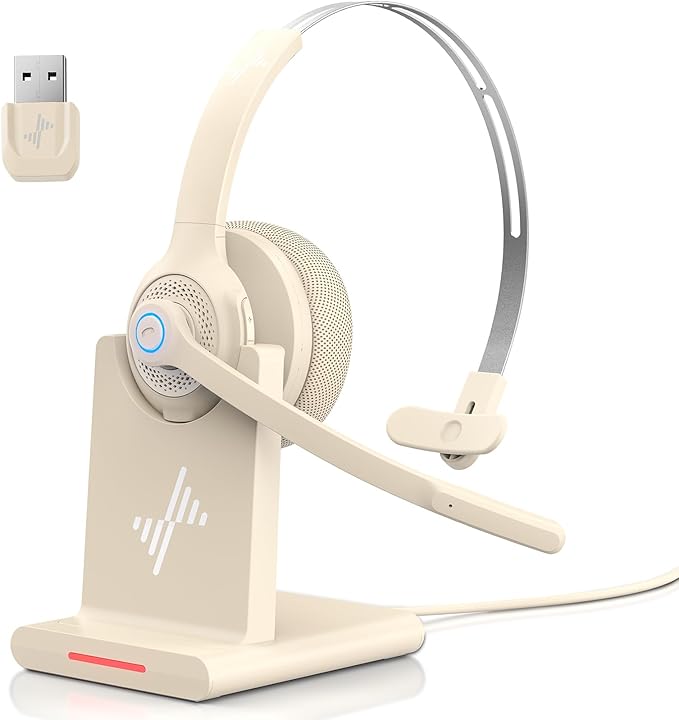 JIAMQISHI Bluetooth Headset - Wireless Headset with Noise Cancelling Microphone, V5.2 Computer Headphones with USB Dongle, Charging Base & Mic Mute for Work/Call Center/PC/Laptop/Online Class/Zoom