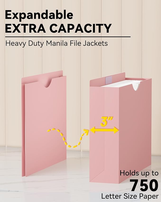 ANSOOK Plastic Manila File Folders Letter Size,12 Pack Expanding File Jackets & File Pockets,Heavy Duty 3" Expansion Manila Pocket Folders with Straight Cut Tab,File Cabniet Folders for Office School