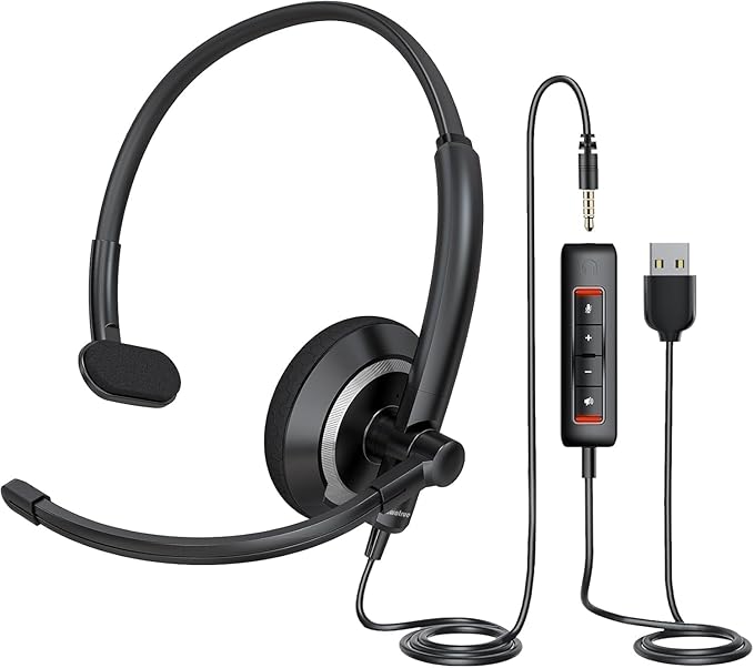 awatrue Single Ear USB Headset with Microphone for PC - Adjustable Lightweight Computer Headset with Mic for Call Center, Office, 3.5mm & USB Compatible Headphone with Mic