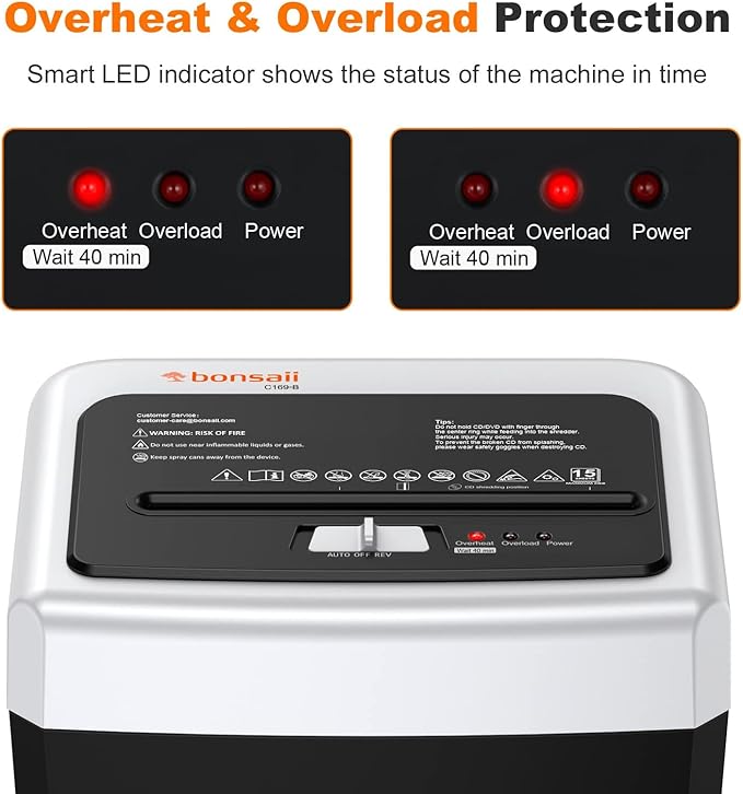 Bonsaii 15-Sheet Office Paper Shredder, 40 Mins Heavy Duty Shredder for Home Office, Crosscut Shreder with Anti-Jam System & P-4 High Security Supports CD/Credit Cards/Staple,5 Gal Pullout Bin C169-B