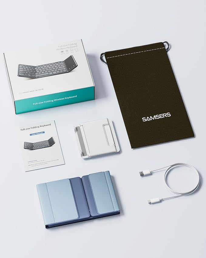 Samsers Foldable Bluetooth Keyboard with Numeric Keypad, Full-Size Wireless Folding PU Leather, Portable Travel for iOS Android Windows Mac OS, Support 3 Device(BT5.1 x 3) Blue