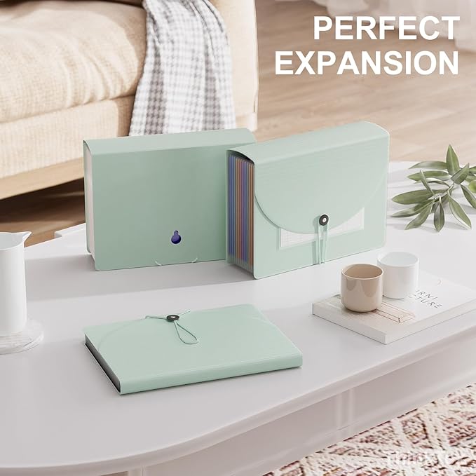 ThinkTex Accordion File Organizer, 12 - Pocket Expanding File Folders for Paper Receipts, Bills&Taxes Organizer, Letter/A4 Size Document Holder for School, Office, Home with tabs-Sage Green