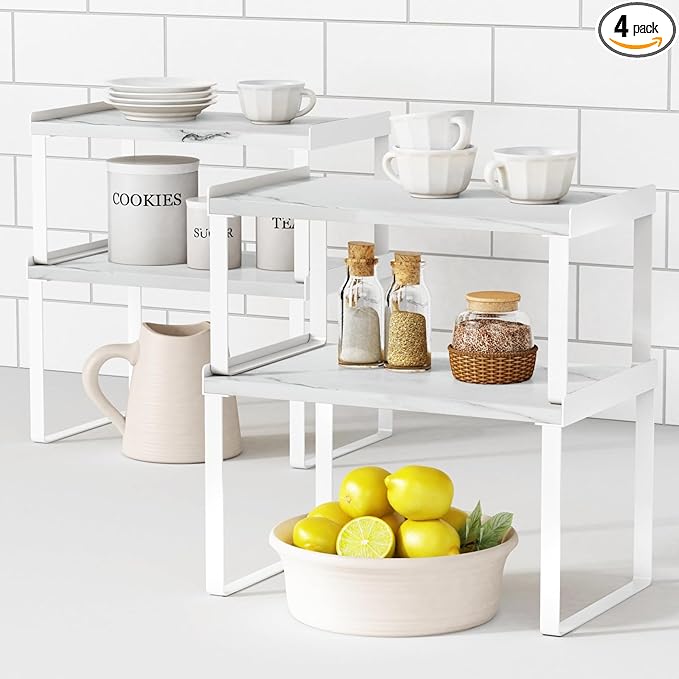 White Marble Kitchen Counter Shelf Organizer, Modern Dish Plate Organizer for Cabinet Space Saver, Small Wood Stackable 2 Tier Office Desktop Shelf Risers for Books Monitor - Set of 4