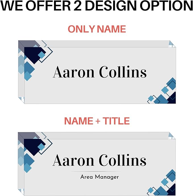 Customized Clear Acrylic Thick 8x3" Desk Name Plate Block with Personalized Logo - Professional Office Decor - Customized Acrylic Plate Gift for Teacher Co-workers, Christmas Gifts for Her, Thanksgiving Gifts (Elegant Squares)