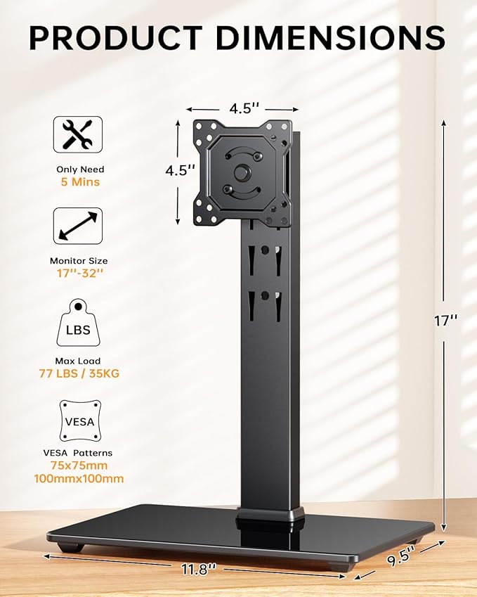 Single Monitor Stand, FreeStanding Desk Stand for 13-32 inch Screens, VESA Mount Monitor Riser with Swivel, Tilt, Rotation, 4 Height Options, Tempered Glass Base, Max Load 77lbs VESA 75x75mm-100x100mm
