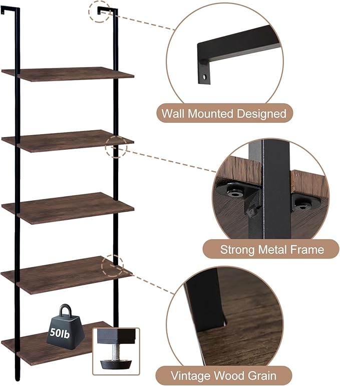 aboxoo Ladder Shelf 2PCS Open Bookshelf 5-Tier Wall-Mounted Wood Bookcase Rack Open Back Industrial Modern Plant Flower Stand Utility OrganizerMetal Frame Furniture Office Kitchen Bedroom (Brown)