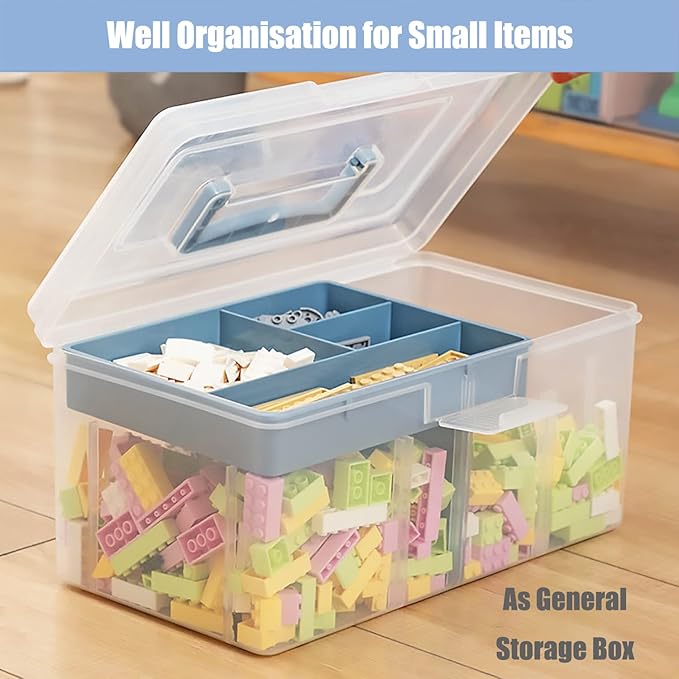Clear Plastic Arts & Craft Supplies Organizer Box Large with a Removable Tray & A Partition & Handle, Office Home School Desktop Stationery Storage Box, Medicine Box (Clear & Ocean Blue)