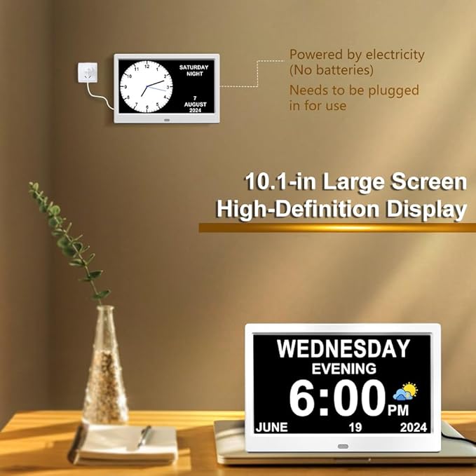 CAZOKASI Extra Large Impaired Vision Digital Alarm Clock with Day and Time for Elderly Calendar Clock Auto Dimmable Clock (10.1 Inch White)