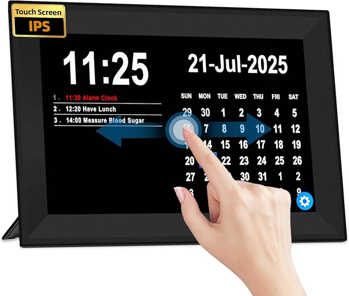 Jazeyeah10.1 Touch Screen Extra Large Digital Clock with Date and Day for Elderly,Medicine Reminders,Dementia Alzheimers Clocks for Seniors, 64 Alarm 40 Reminders, Auto DST, (Black)