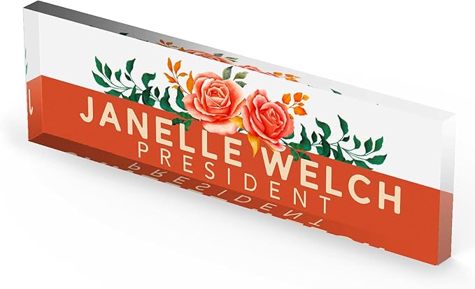 Artblox Office Personalized Name Plate for Desk with Business Card Holder On Clear Acrylic Glass Orange Roses Design Custom Desk Name Plate with Your Name and Credentials Customized Gift