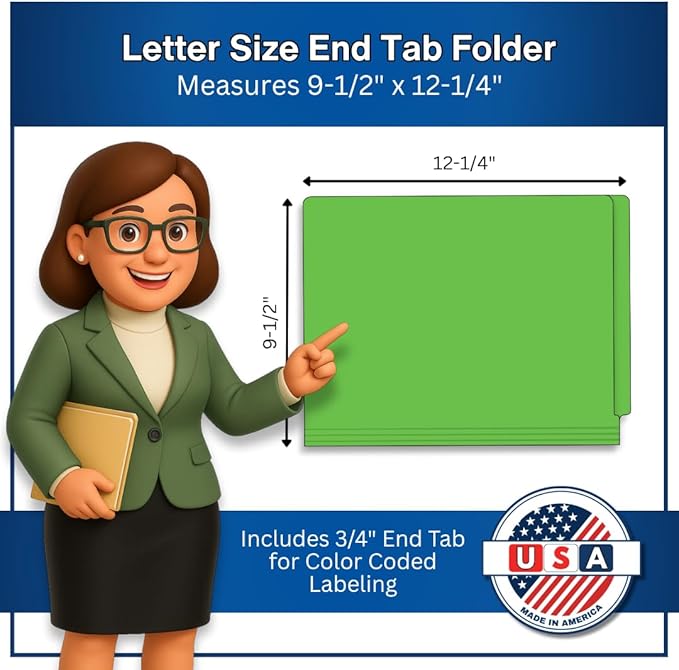 Green File Folders, USA Made, Doctor Stuff, Two 2" Bonded Fasteners, Durable 11pt, Reinforced End Tab File Folders with 2 Prongs, Colored Medical Charts and Patient Chart, Box of 50