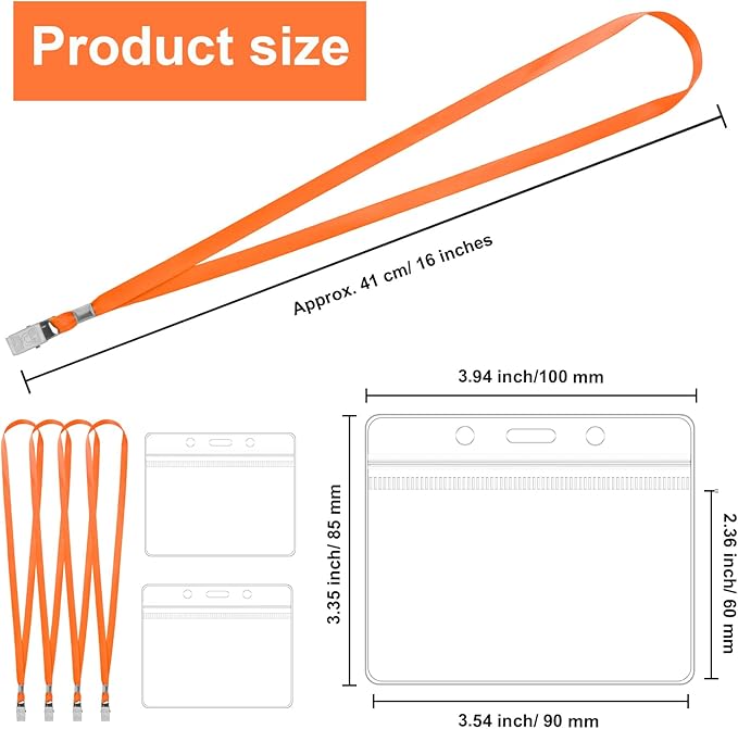 100 Pcs Lanyards for ID Badges and 100 Pcs Clear Name Tag Holders Reusable Lanyard with Clip Plastic ID Card Badge Holder Name Badges for Adults Kids Business School Office Supplies (Orange)