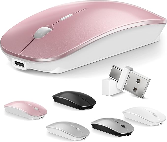 Mouse for MacBook Wireless Bluetooth Mouse Laptop MacBook Air Mac Pro Rechargeable Silent PC iPad Optical Mouse with Dual Mode Switch Bluetooth 5.2/3.0 and 2.4GHz USB Type-C Receiver Rose Gold